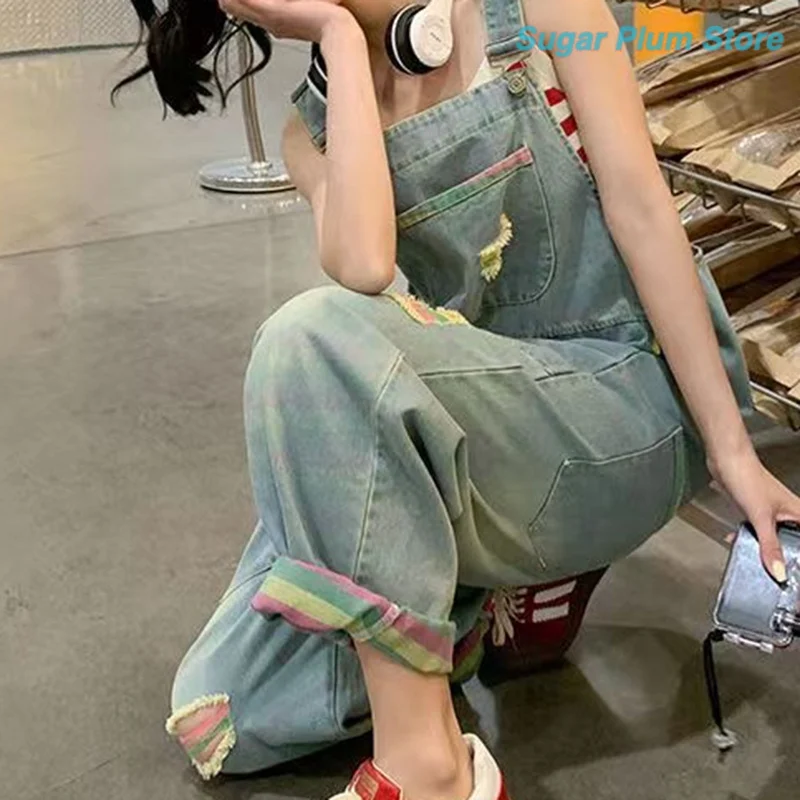 Japanese Sweet Wind Girl Autumn New Loose Denim Bib Pocket Design Fashion Comfortable Leisure Commuting Slim Soft Trend Pants.