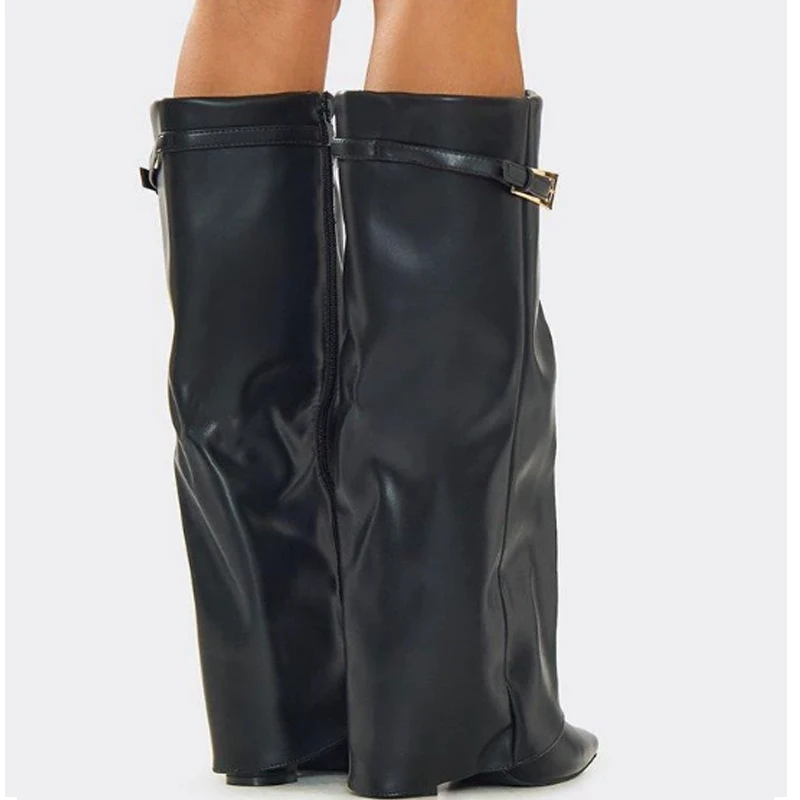 الذهب الأسود مشبك أشار تو كتلة كعب حذاء برقبة للركبة امرأة الخريف الشتاء 2026 موضة الجانب سستة سراويل طويلة الأحذية