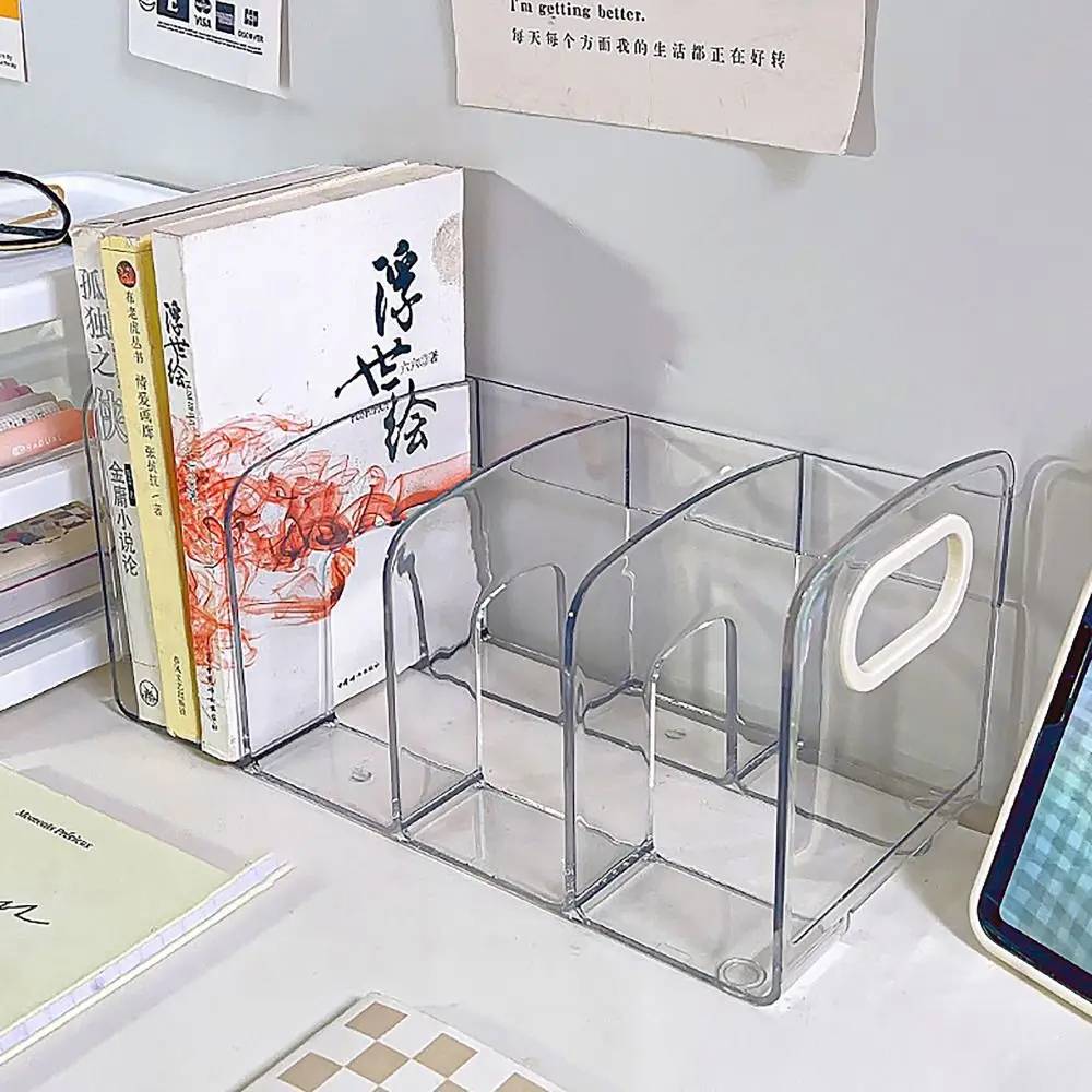 

Portable Clear Acrylic Bookends with Handle Desk Organizer Desktop Book Holder Divided Book Stand Study Supplies