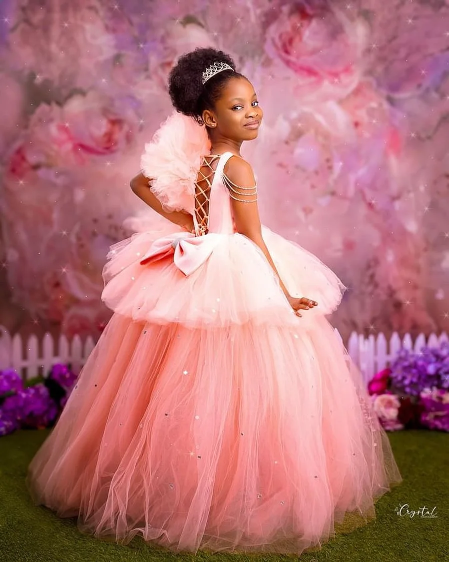 Blush Pink Girls Birthday Party Dresses Princess Beaded Extra Puffy Flower Girl Dresses Baby Kids Ball Gowns for Photo Shoot