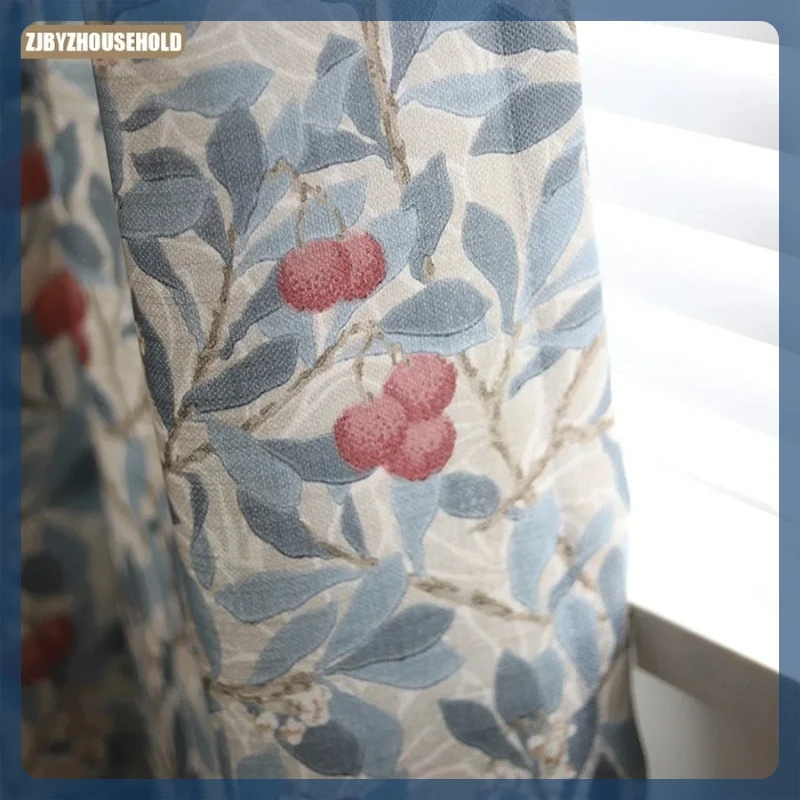 

American Pastoral Curtains Retro Floor-to-ceiling Bay Window Blue Printed Curtain Fabric Living Room Study Bedroom Customize