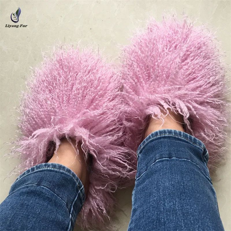 Wholesale Factory Supply Women Faux Curly Lamb Fur Slippers  Fuzzy Flat Fluffy Soft Faux Mongolian Wool Fur Slippers