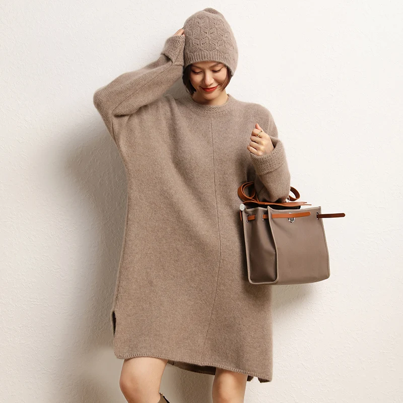 High-end New 100% Cashmere Long Sweater Dress Women Casual Knit Dresses Winter Female Loose Large Size O-Neck Elastic Pullover