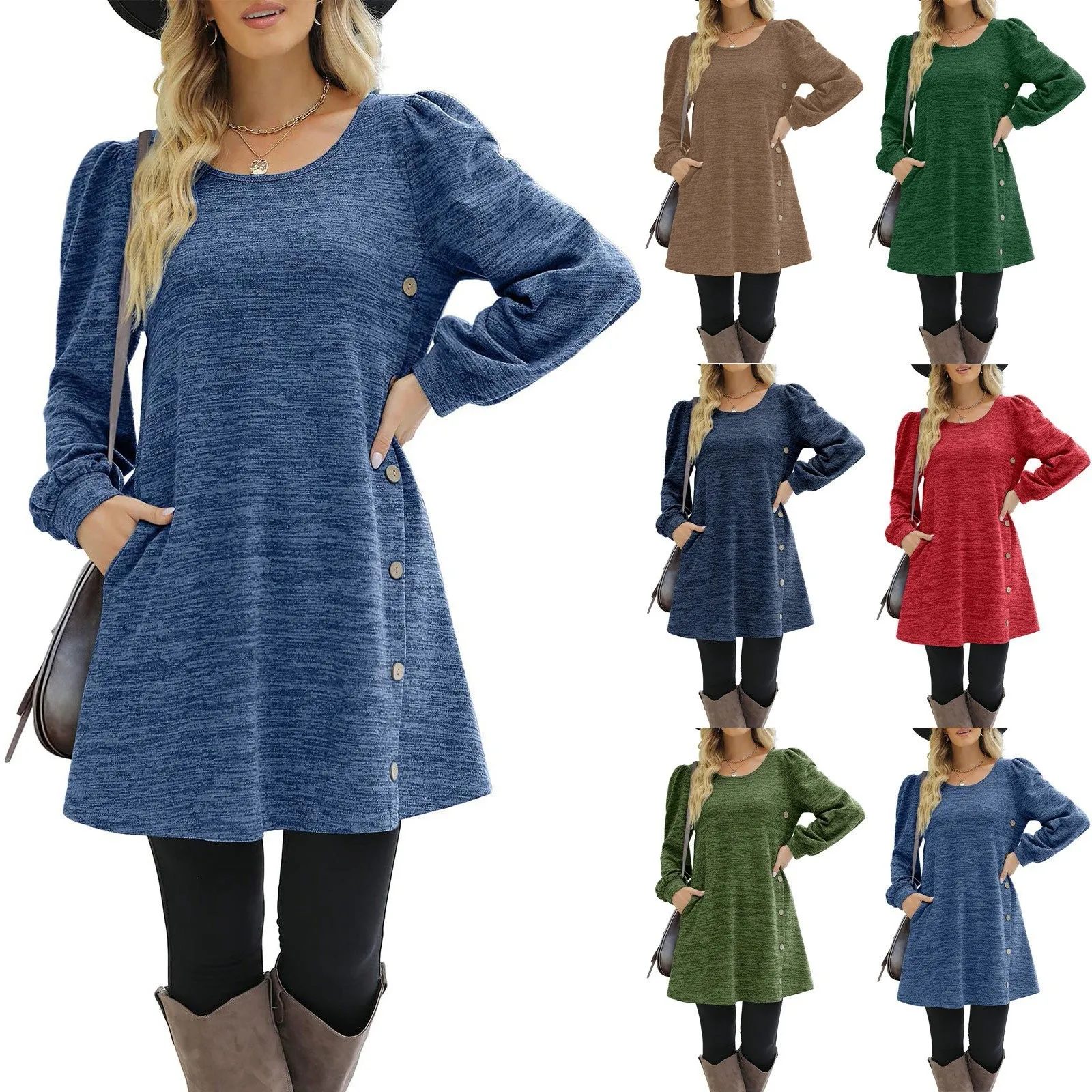 

Fashion Women Round Neck Solid Color Button Long Sleeve Casual Loose Dress Summer Dresses for Women 2024 Women's Dress