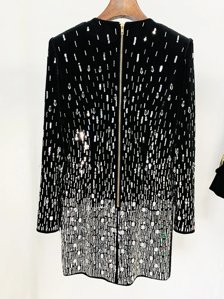 Mini abito da donna a maniche lunghe con paillettes, cristalli e perline - Stile designer di lusso, ultimo abito in velluto alla moda di High Street