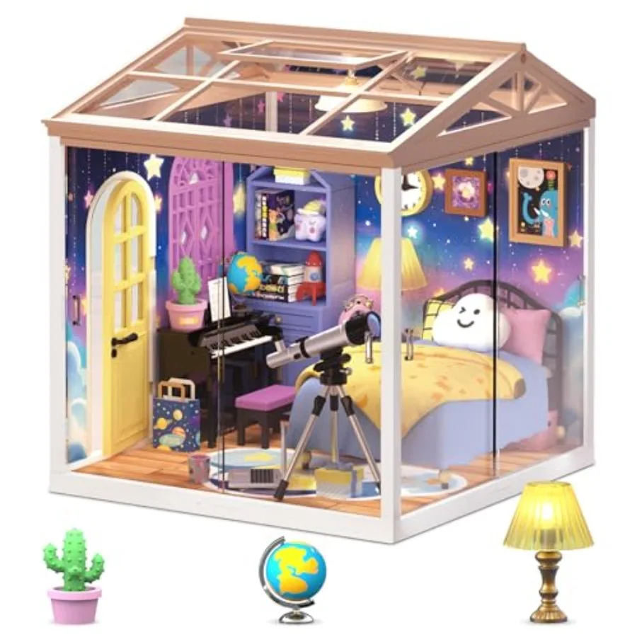 Kit de casa en miniatura nocturna, casa de muñecas DIY con temática espacial con puertas correderas y techo a prueba de polvo, kit de modelo de construcción de habitación pequeña para A