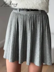 MiuKoMiYa Autumn Black Short Pleated Skirt Women Winter High Waist A Line Pink Skirts With Belt Women's Mini Skirts Coffee