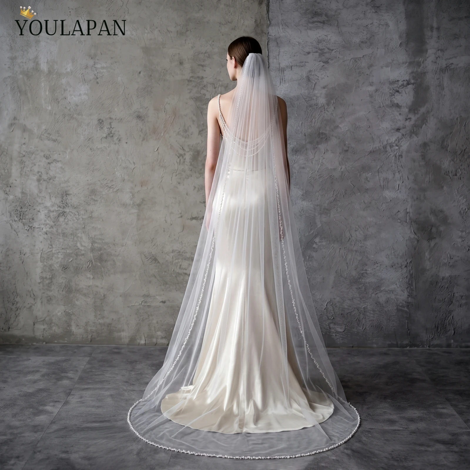 TOPQUEEN Velo De Novias Catedral Crystal Beaded Edge Bridal Veil With Rhinestones Wedding Veil Accessoires Mariage Luxe V196