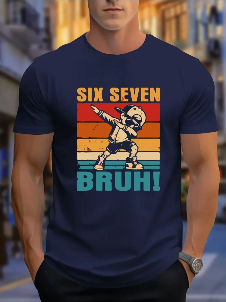 Six Seven Bruh Retro Dabbing Boy Graphic Mens Short Sleeve T Shirt Vintage Striped Crew Neck Casual Streetwear Top Tee for Men