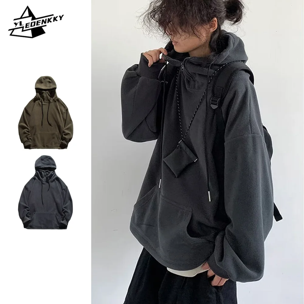 

Japanese Casual Sweatshirt Men Women Vintage Fleece Insulated Hooded Coat Autumn Winter Outdoor Cargo Pullover Street Unisex Top