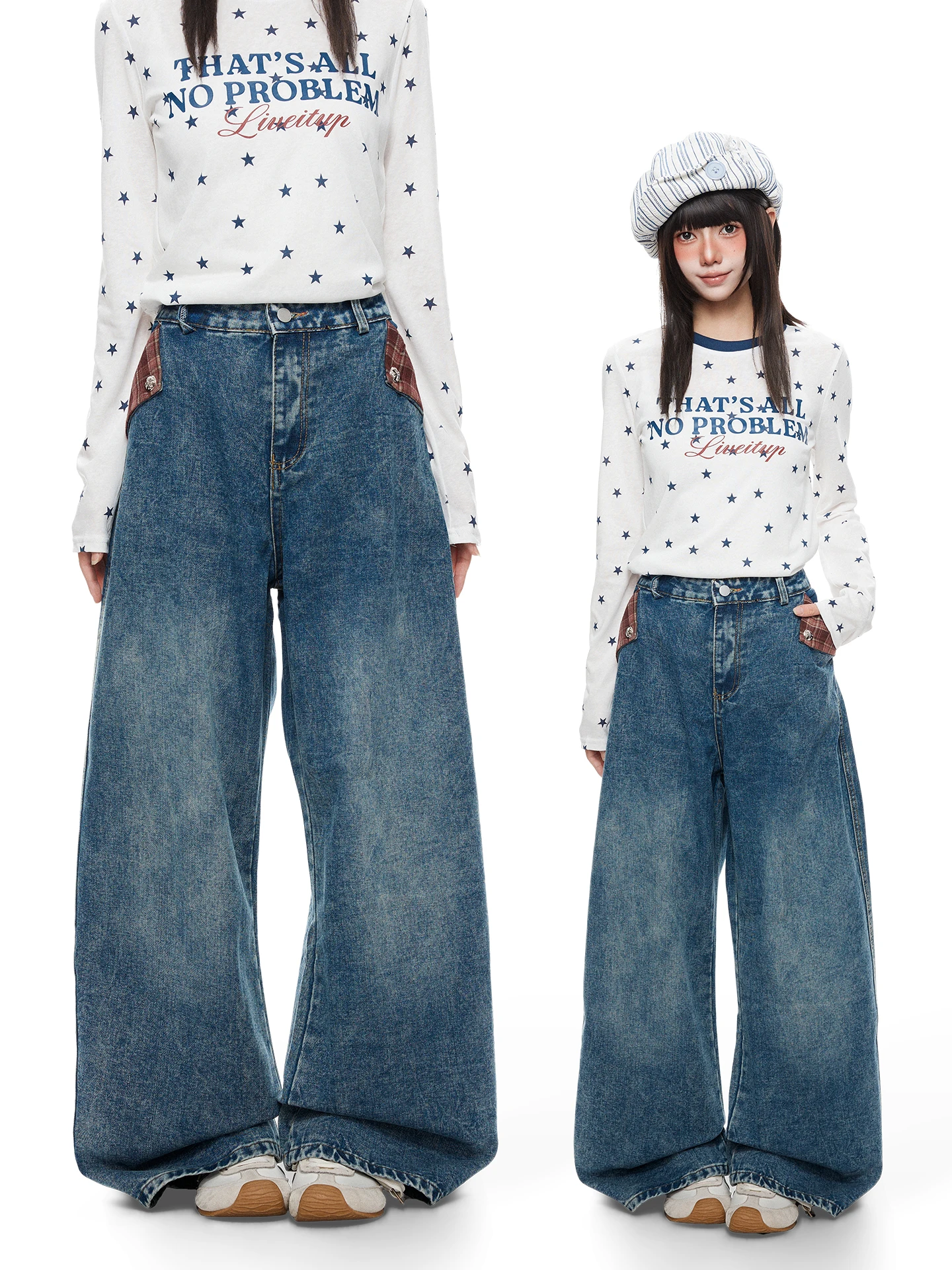 Calças Jeans Largas com Padrão Xadrez K787 Design Americano Retrô para Homens e Mulheres