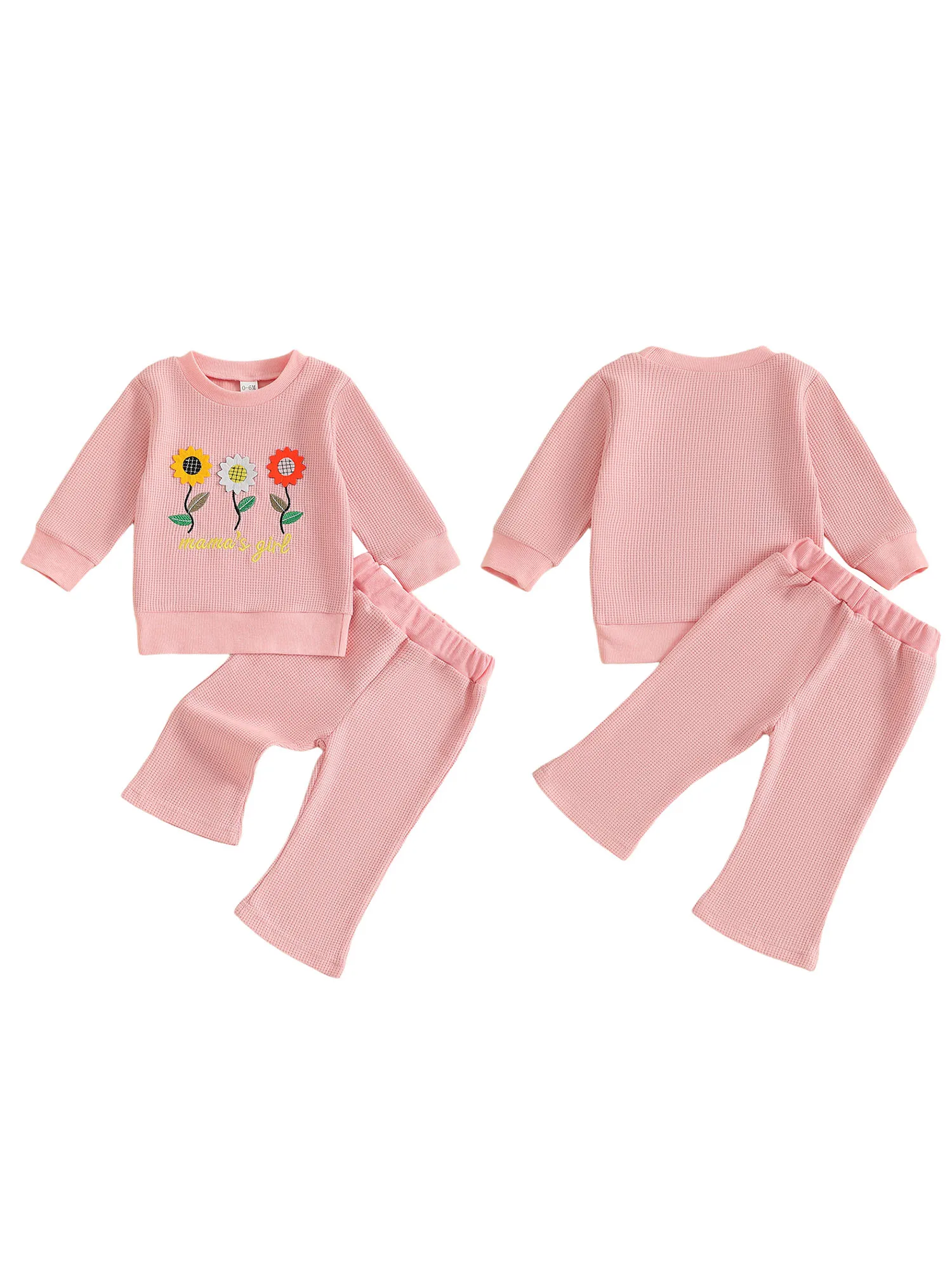 

Комплект одежды из двух предметов для девочек: топ с длинными рукавами и круглым вырезом, вышитым подсолнечником и расклешенными брюками. Милая и стильная одежда для девочек.