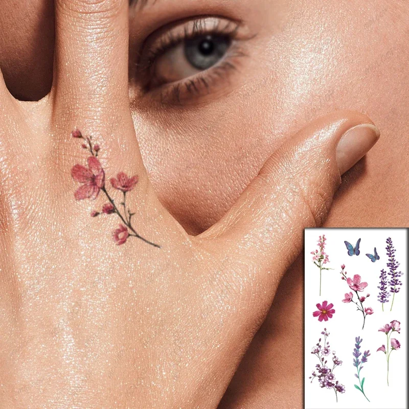 Colorful Flower Temporary Tattoo Stickers Rose Lavender Butterfly Fake Tatto Waterproof Tatoo Chest Hand Small Size for Women