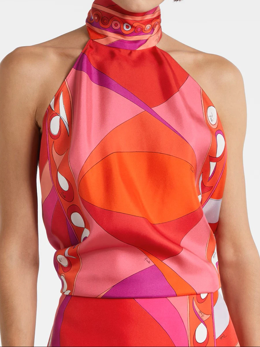 

Fashion Halter Sleeveless Crop Tops&Shorts Sets Elegant Backless Women Commute Outfits New Summer Slim Contrast Color Print Sets
