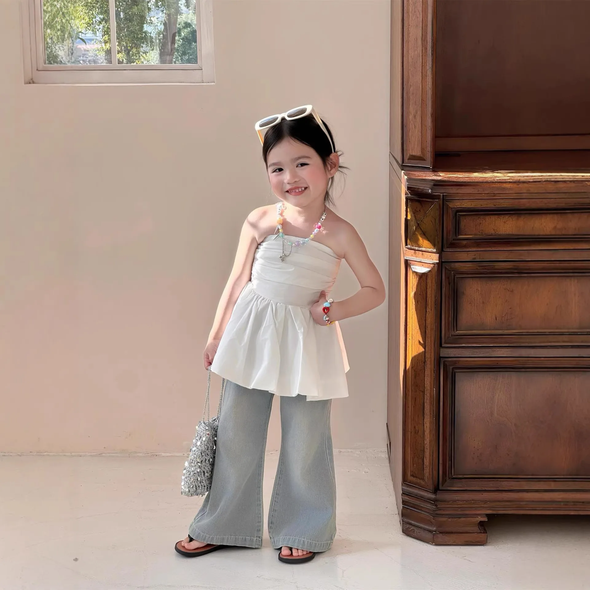 Girls Suit 2026 Spring and Summer New Childrens Wear Korean Style Girl Baby Shoulder with Chest Vest Jean Flared Pants Two Sets