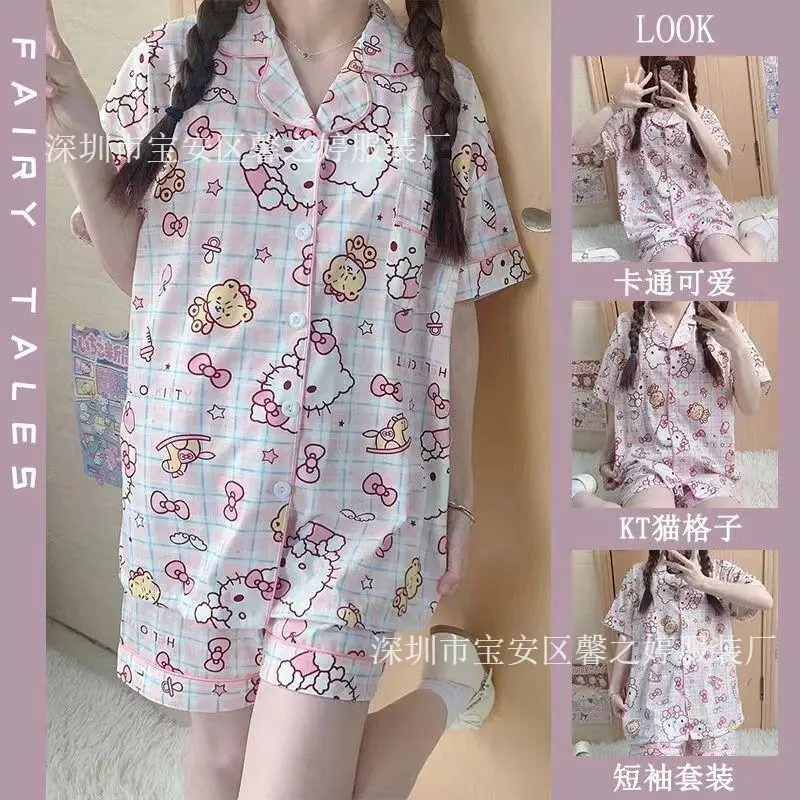 

Sanrio Hello Kitty Cartoon Cute Pajamas Set Soft Cotton Ladies Homewear Thailand Bestseller Cardigan Style Short Sleeve Shorts