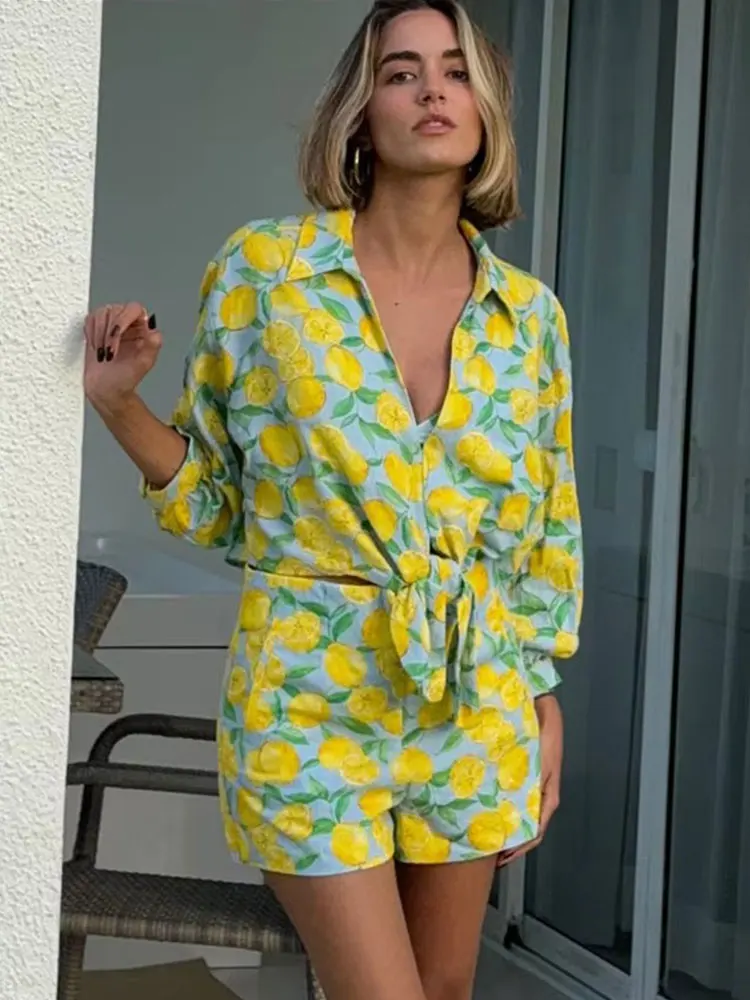 Hh conjuntos de shorts com estampa de frutas para mulheres, blusa fashion com laço, camisa de manga comprida com zíper, shorts femininos, roupa de linho