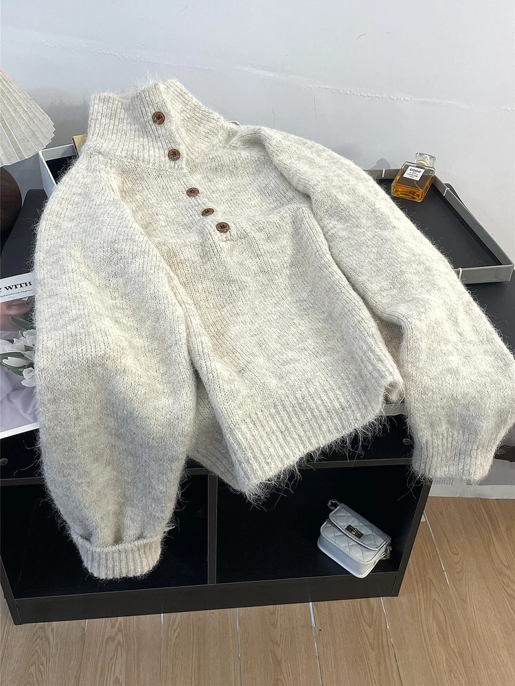 

Gentle Oat White Soft Glutinous Pullovers Long Sleeved Knitted Sweater for Women's Autumn Winter Casual Base Sweater Pullover