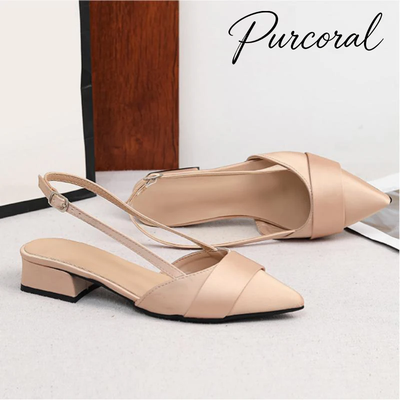 Purcoral Women Satin Slingback Sandals Pointed Toe Low Block Heel Backless Pumps Elegant Office Wedding Heels