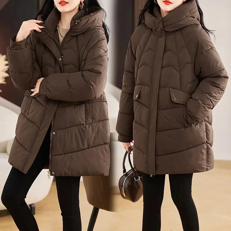 เสื้อโค้ทกันหนาวแฟชั่นใหม่ แจ็คเก็ตพาร์กาบุผ้าฝ้ายสำหรับผู้หญิง ทรงยาวและใหญ่พิเศษ ทรงหลวม หนา มีฮู้ด