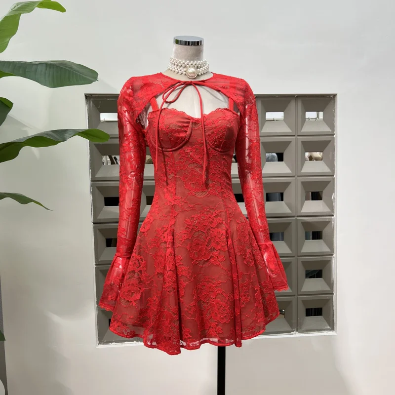 

Lace Strap Dress with Bell Sleeves and Long Shawl Pure Desire StyleASlim Fit Backless Mini Dress