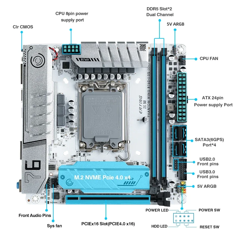 ERYING ITX B760i 게임용 마더보드 ARGB LGA 1700 115x 지원 코어 12/13/14th i9/i7/i5/i3/Pentium 듀얼 채널 DDR5 RAM 흰색