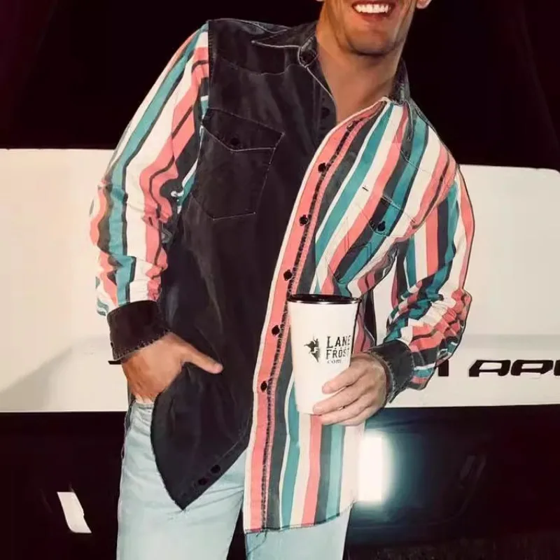 Men's 2025 Retro Print Loose Fit Long Sleeve Shirt Striped Casual Button Down Top for Daily Wear Spring Summer Fashion