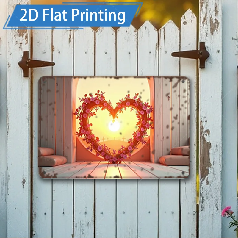 [2D FLAT] 1pc Metal Sign, 8x12inch Romantic Heart Flower Window 2D Flat Metal Wall Art Decor for Home Garden