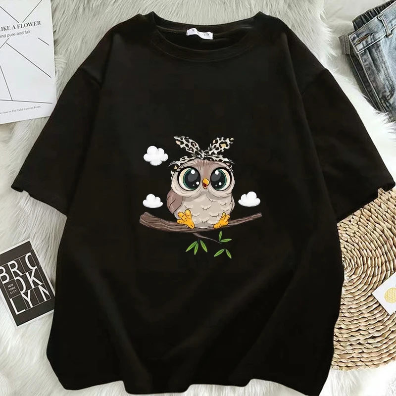 

Kawaii Cartoon Owl Print T Shirt Women Graphic Shirts Casual Short Sleeved Black Female Tee O-neck Harajuku T-shirts