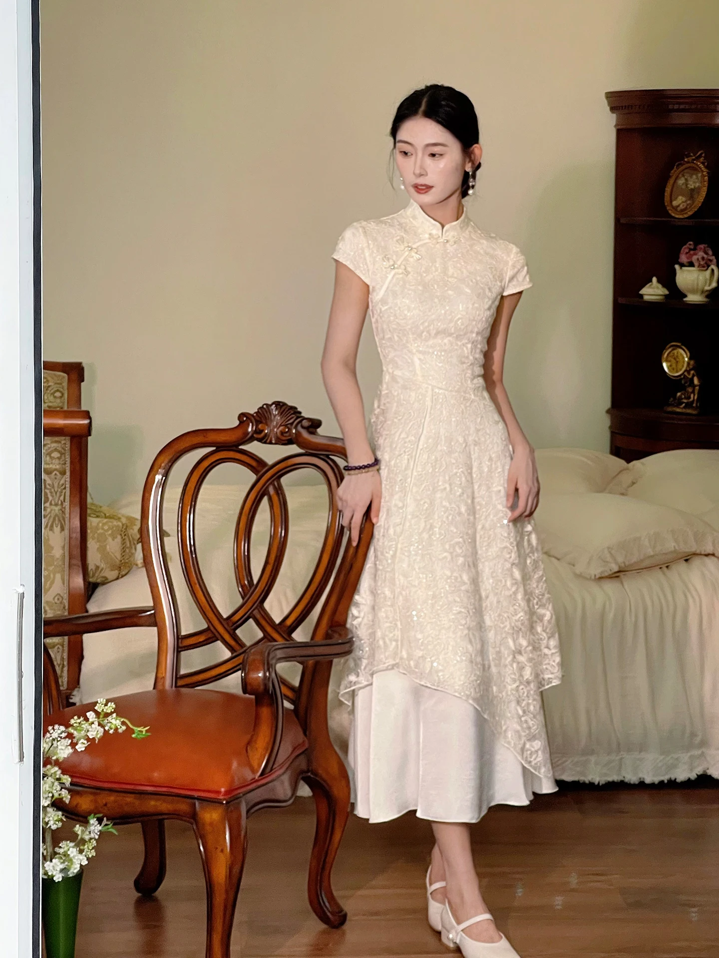 

Lingxian Zhihe New Chinese Sle Bead Rose Flower Improved Women's Summer Patchwork Absolutely Beautiful Dr