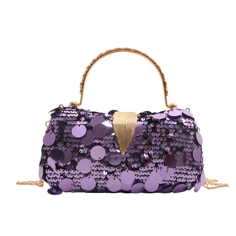 Trendy New Gold Silver Purple Sequin Evening Bag For Women Chain Shoulder Bag Crossbody Fashion Metal Handle Handbag Clutches