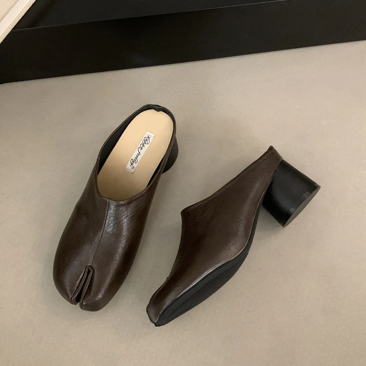 Bailamos Spring Women Split Toe Shoes Fashion Hight Heel Laofers Shallow Soft Leather Pumps Casual Outdoor Slippers Dress Mules view 6