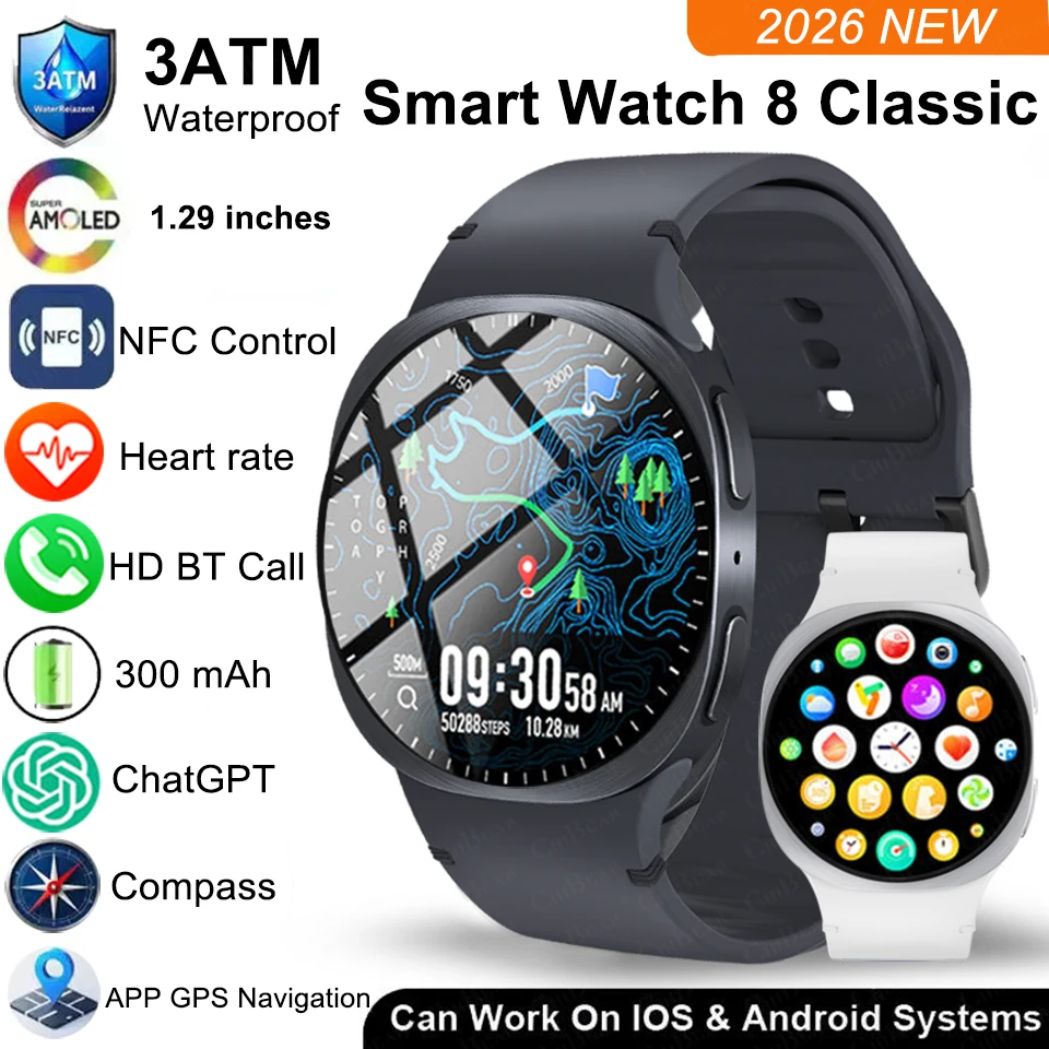 

2026 New Smart Watch 8 Classic Ultra HD Screen ChatGPT GPS NFC Compass Clock Bluetooth Call Waterproof Smartwatch For Men Women