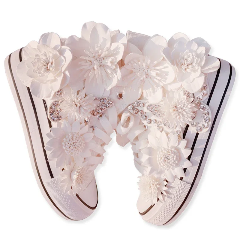 New White Inner Height-increasing Vulcanized Shoes Original Butterfly Flower High-top Canvas Shoes Sweet Lace-up Women's Shoes