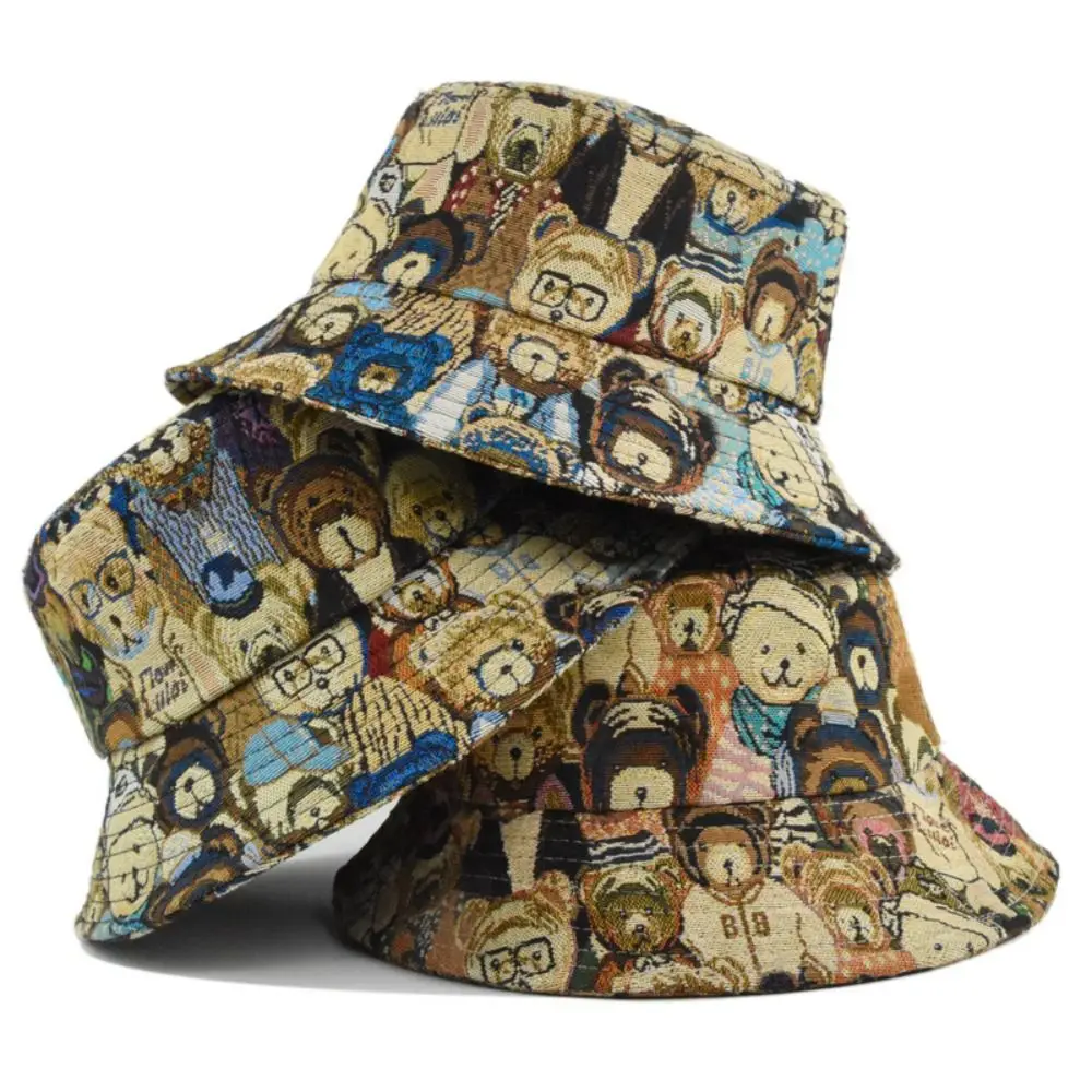 

Cartoon Little Bear Fisherman Hat Jacquard Cotton Hemp Cloth Basin Hat Face Covering Foldable Sun Protection Hat Women