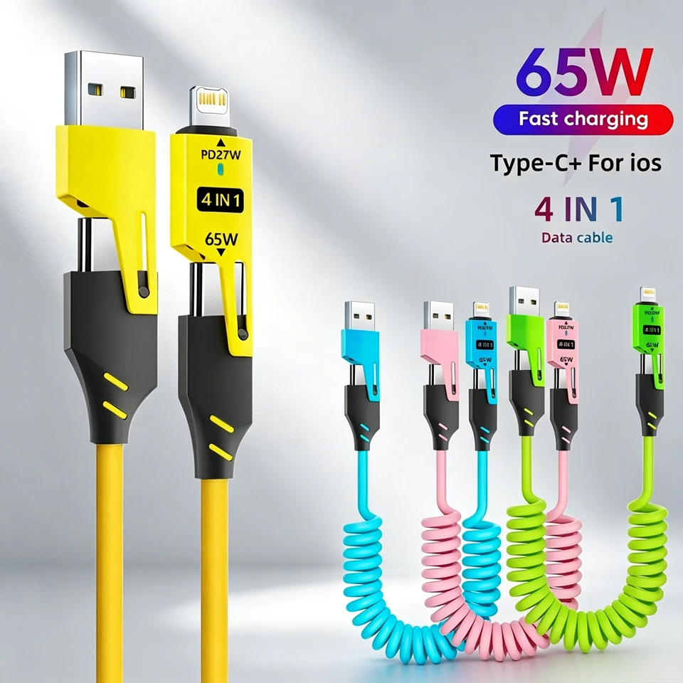 Cabo USB C 4 em 1 65W com carregamento rápido Spring para iPhone, Xiaomi, Redmi, POCO, Huawei, Honor, cabo USB tipo C universal com carregamento rápido.