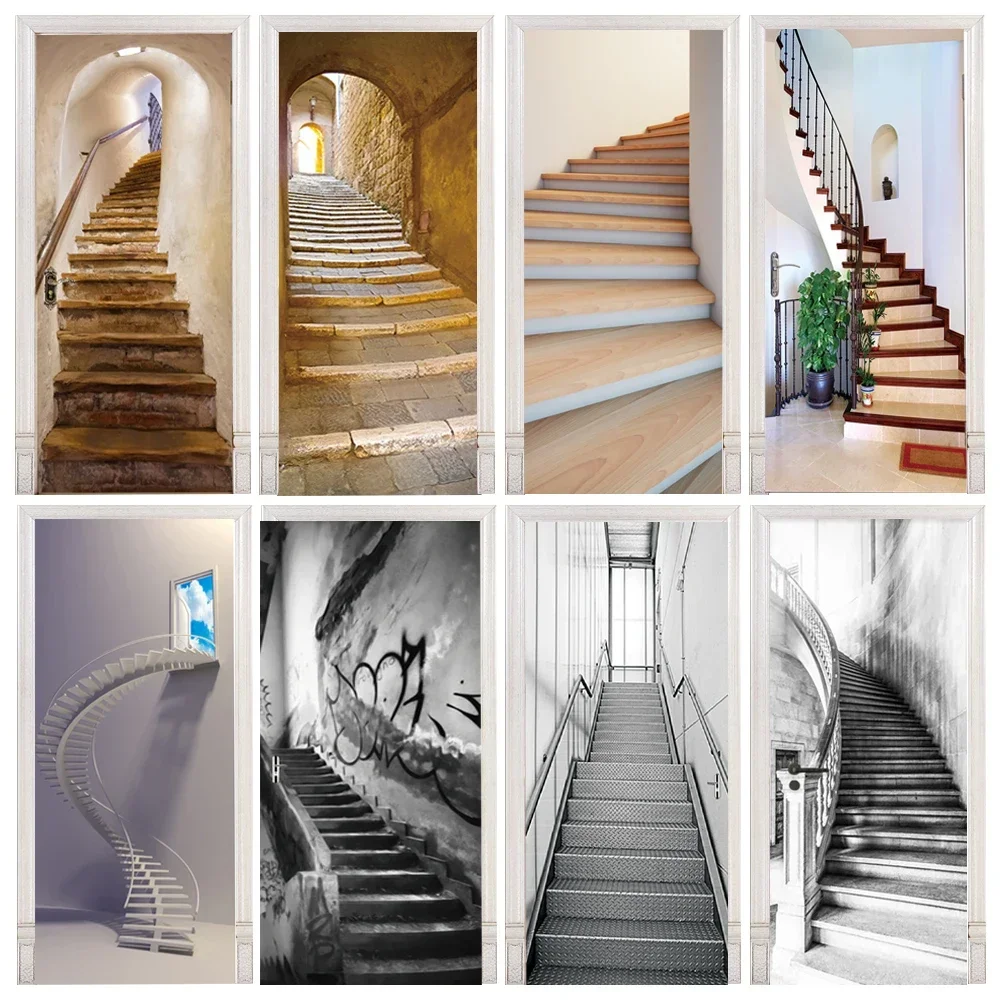 3D Illusion Stairs Door Stickers Self-adhesive PVC Full Cover on The Fridge Bedroom Living Room Staircase Wallpaper Poster Mural