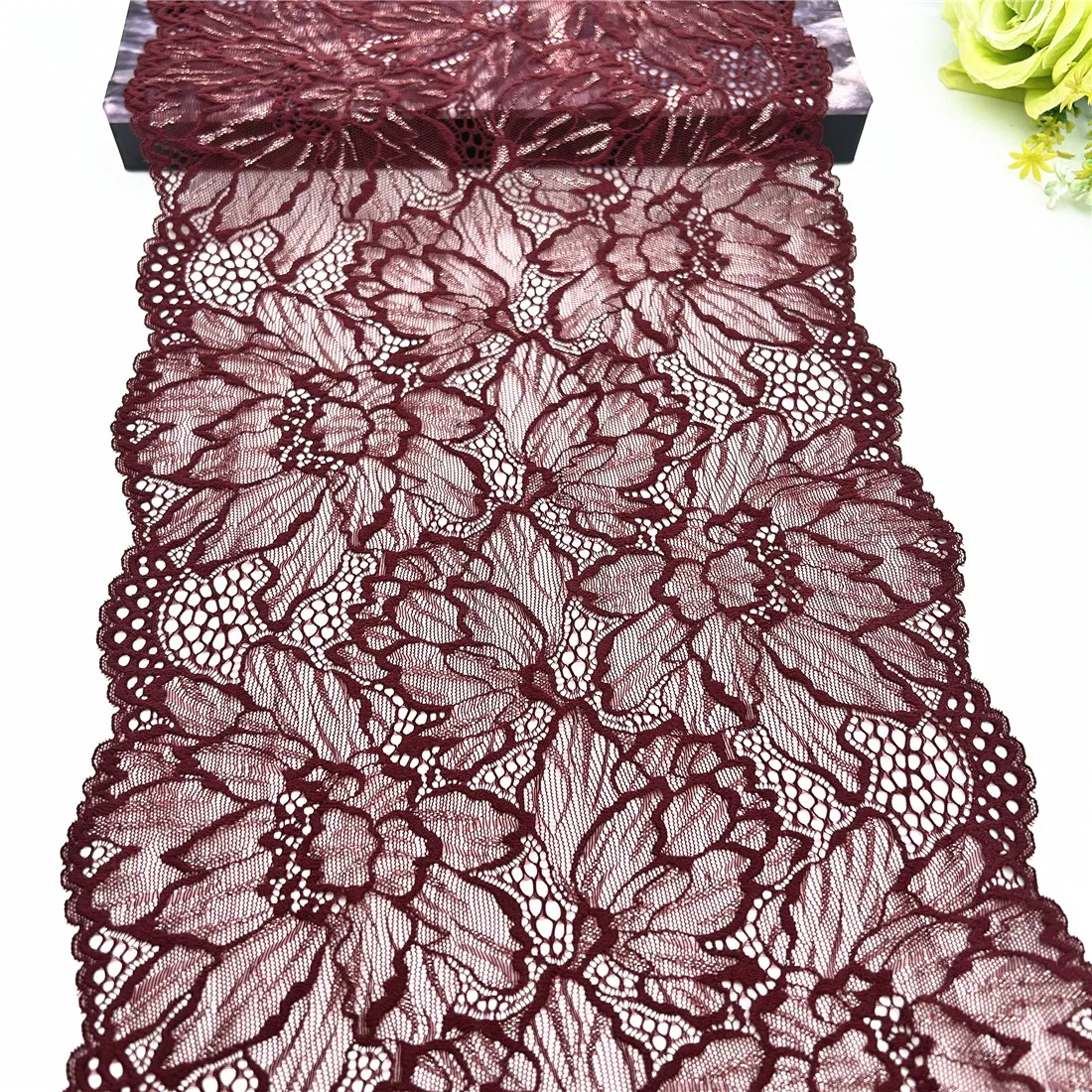 3y/lot Width 23cm Burgundy Silver Elastic Stretch Lace Trim Red Lingerie Sewing Craft DIY Apparel Fabric Lace Dress Accessory