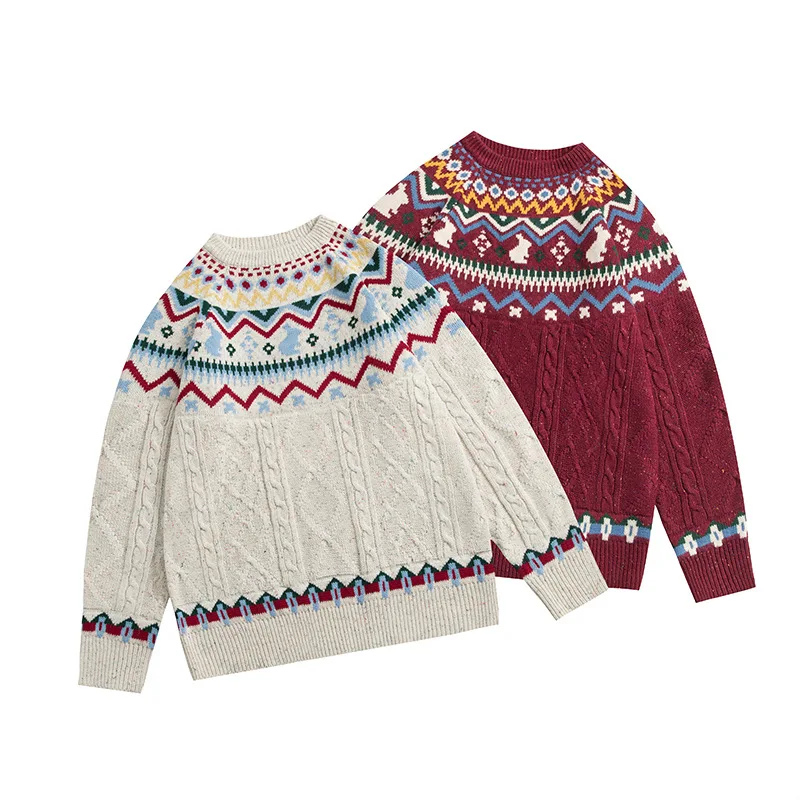 Viya Fair Isle Red Festive Vibe Knit Couple Casual Oversize Sweater Men