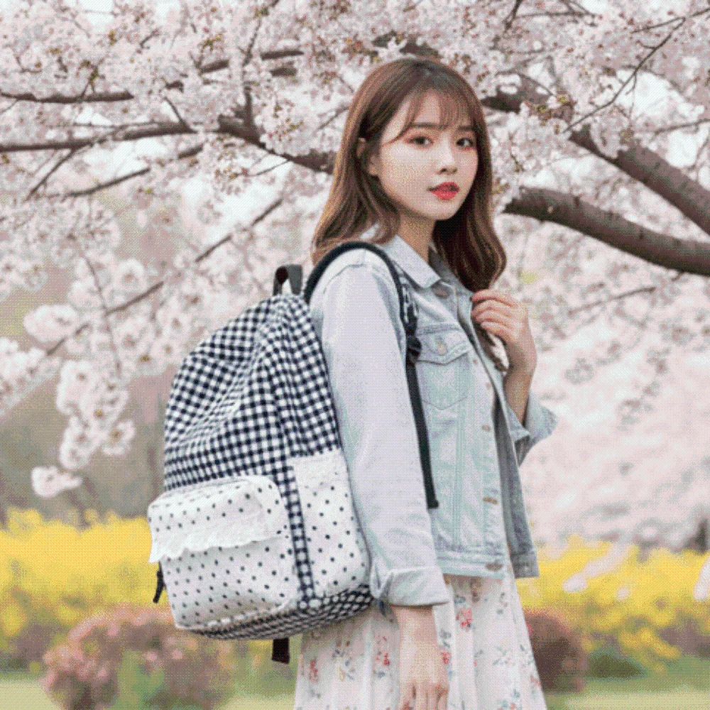 Koreanischer Gingham-Rucksack in Pastellfarben mit Rüschen-Design, Spitzen-Schultasche, verstellbare Träger, gepunkteter Karo-Tagesrucksack für den täglichen Gebrauch und Reisen – Detail 12