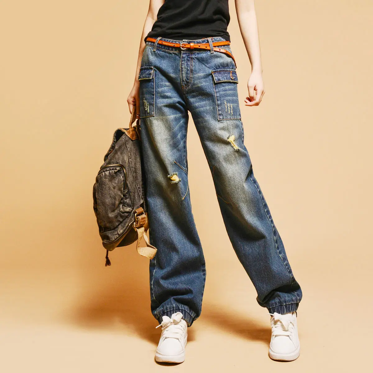 

Women High Waist Wide Leg Baggy Jeans Side Pocket Denim Pants Vintage Cargo Pants Boyfriend Trousers Streetwear Fashion New M554