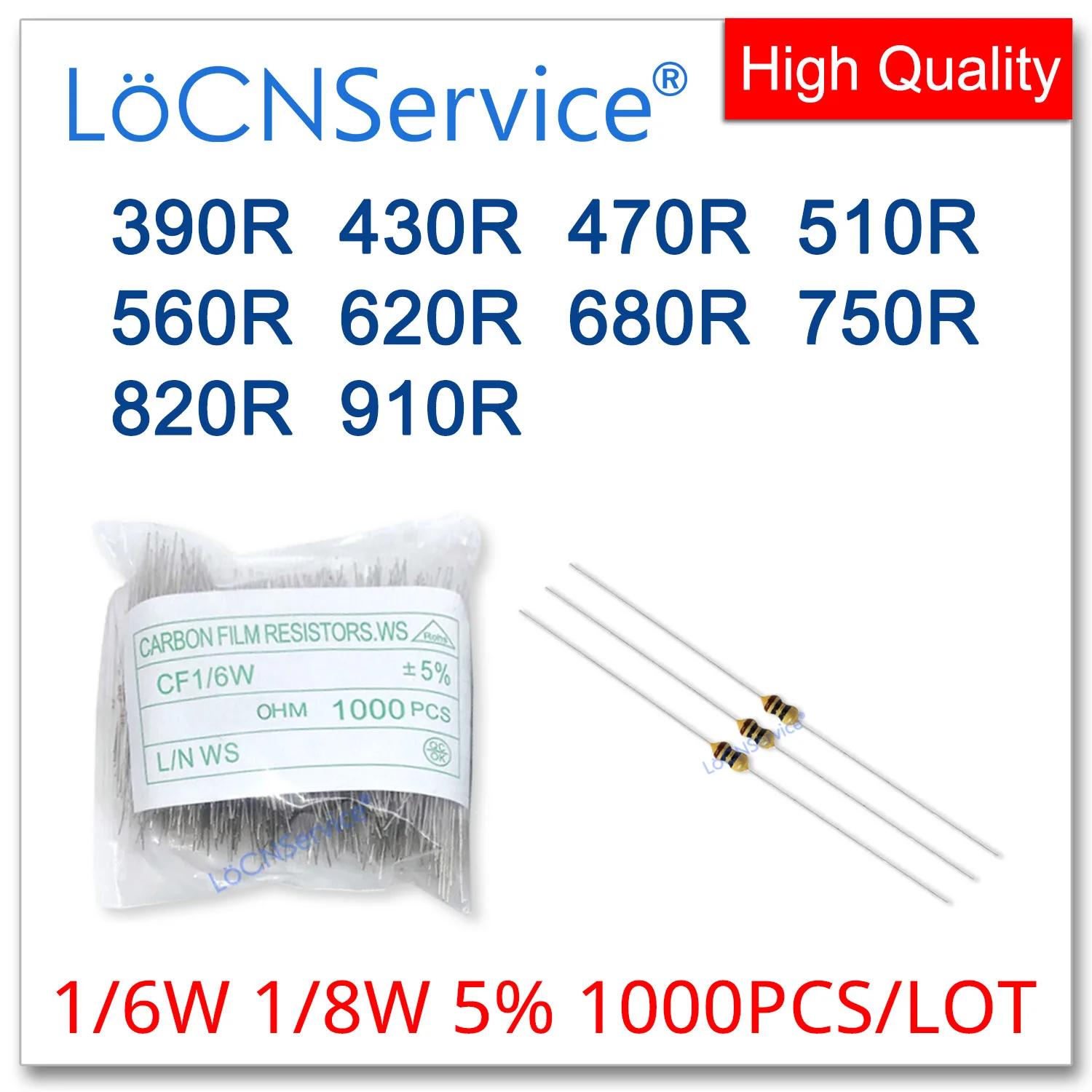 LoCNService 1000PCS/LOT 5% 1/6W 1/8W 390R 430R 470R 510R 560R 620R 680R 750R 820R 910R Carbon Film Resistor DIP OHM