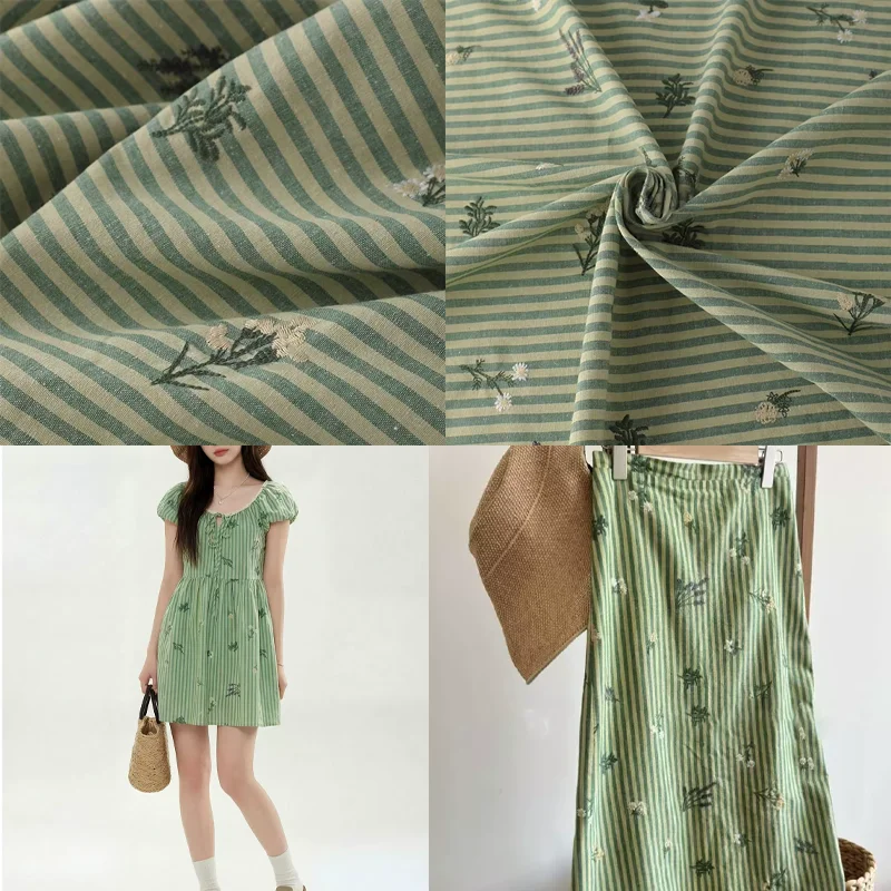 

Cotton Linen Green Fabric Embroidered Striped Dress Shirt Clothing DIY Bed Sheets Bag Fabric