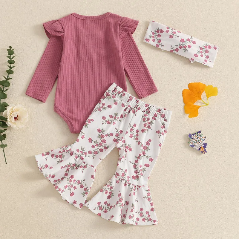 RUEWEY 0 to 24 Months Baby Girls Pants Sets Spring Autumn Clothes Long Sleeve O Neck Ribbed Romper Floral Flared Pants Headband