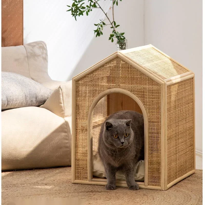 Ins Cat Beds Japanese Rattan Woven Cat's House Hollowed Out Breathable Litter for Cat Four Seasons Universal Cat Supplies