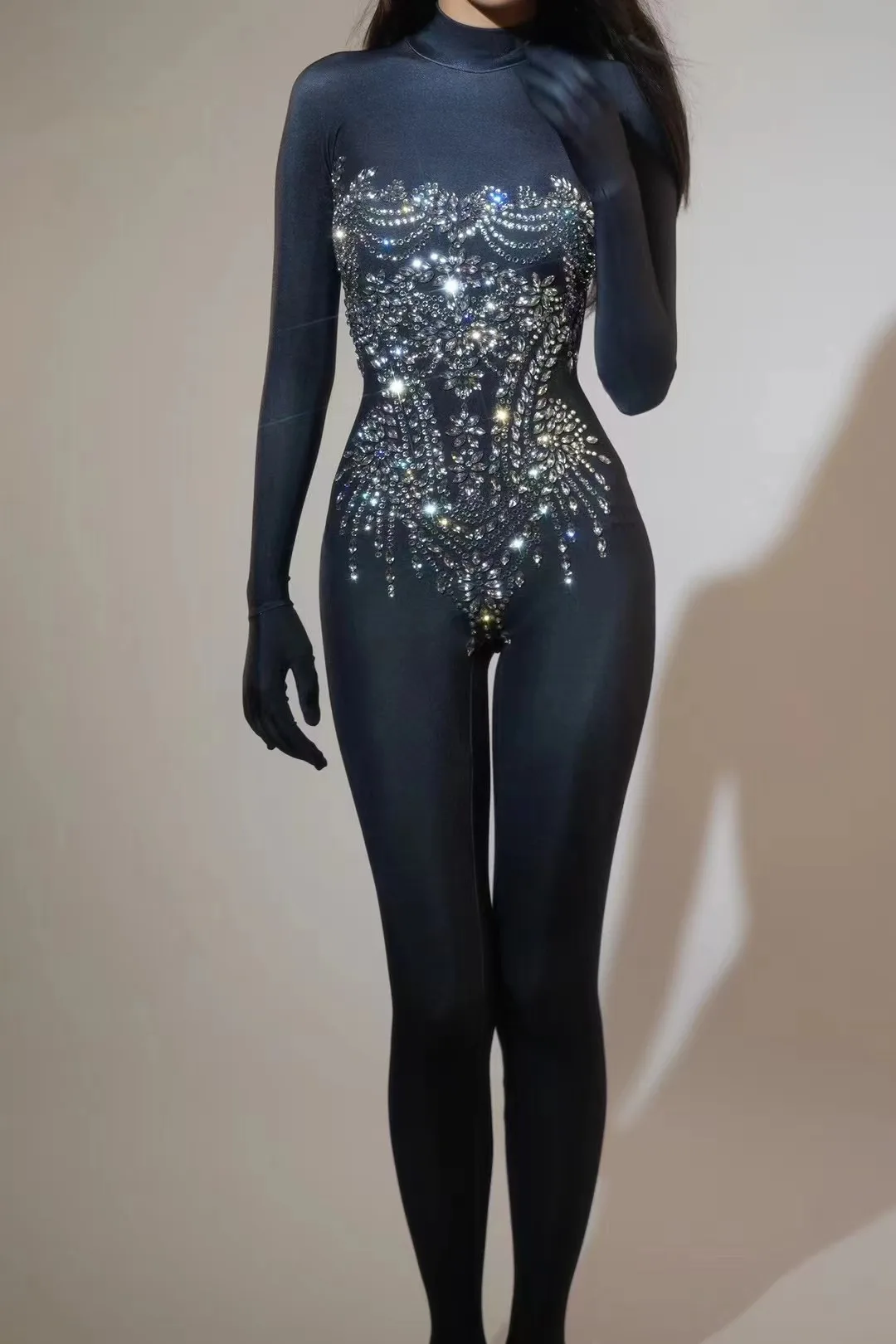 Nightclub Bar Performance Clothing Full of Diamonds Slimming Look Black Sexy Jumpsuit Gogo Party Girl Group Wetsuit