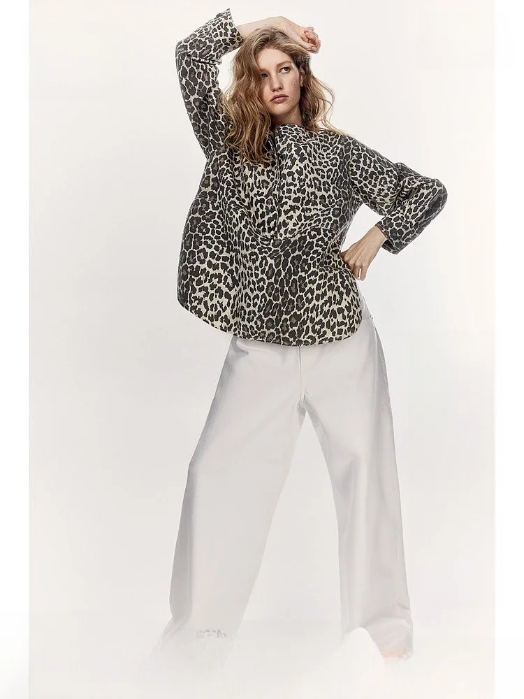 

H&M Women's Cotton Casual Shirt Loose Long Sleeve Overhead Inner Wear Spring 2025 Leopard Pattern round Neck Long Dress