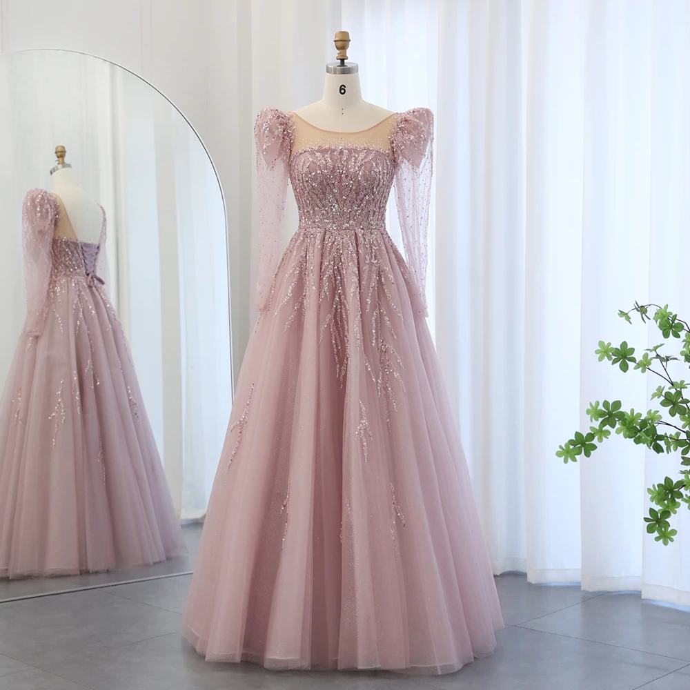 Vestidos de Noche rosas de manga larga para mujer, elegantes vestidos de línea a con cuentas de cuello redondo y lentejuelas, vestidos de fiesta de boda a la moda