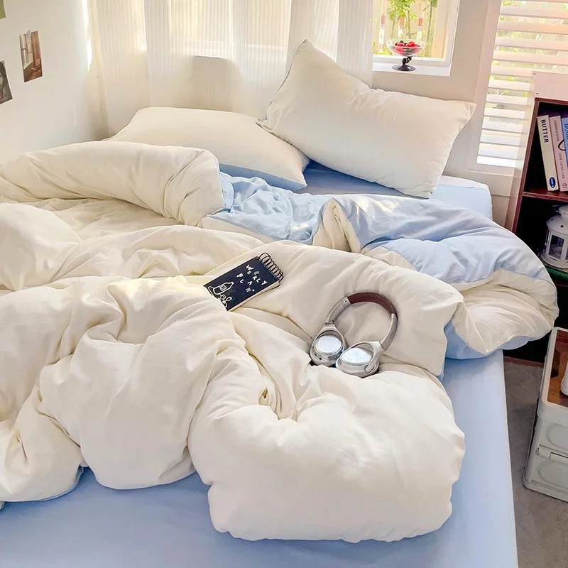 

Bed Linen Cotton Bedding Set with Sheet Duvet Cover Pillowcase Single Couple Bedsheet King Queen Twin Size Soild Color Bed Set