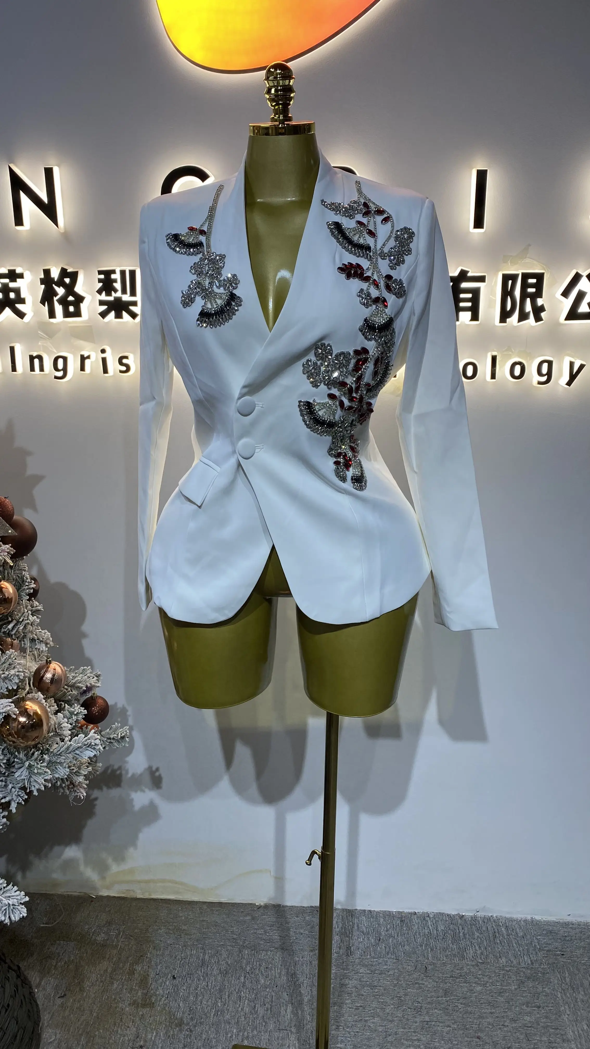 Elegant Style Single-Breasted Office Casual V-Neck Long-Sleeved Rhinestone Solid Women's Suit Jacket-GZXX479